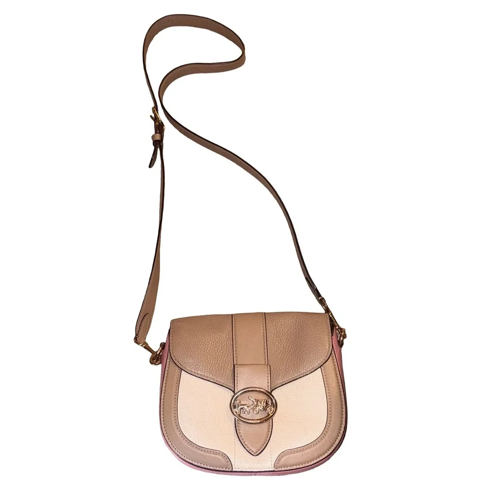 Coach Georgie Saddle Bag Colorblock Leather Crossbody Taupe Pink Cream C3593